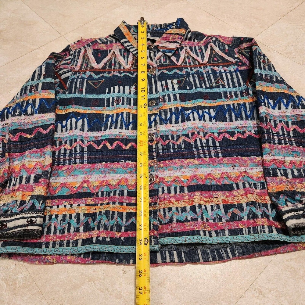 Chico's Womens Size 2 Embroidered Western Colorful‎ Art Soft Denim Button Jacket - Picture 6 of 10